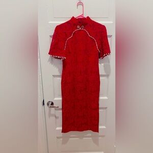 Elegant Red Qipao Dress with Pearl Accents